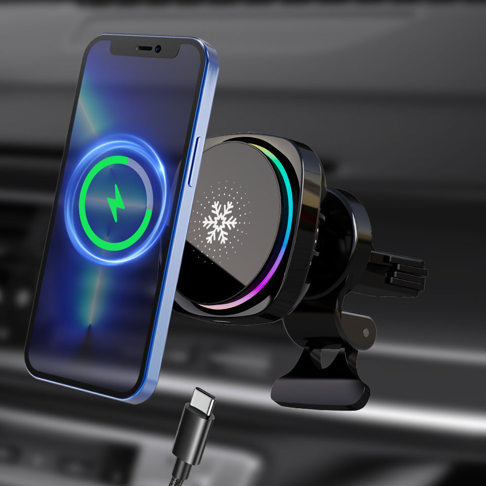 Strailine Magnetic Car Phone Holder,15w Qi Wireless Charging, Cooling Fan, Rgb Light, 360° Adjustable, Auto-Clamp, Strong Suction.