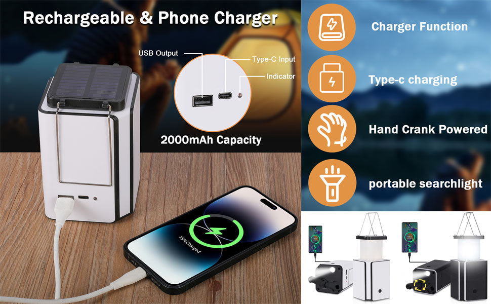 Solar-powered LED rechargeable emergency camping lamp, hand-crank power generation, mobile phone charging function