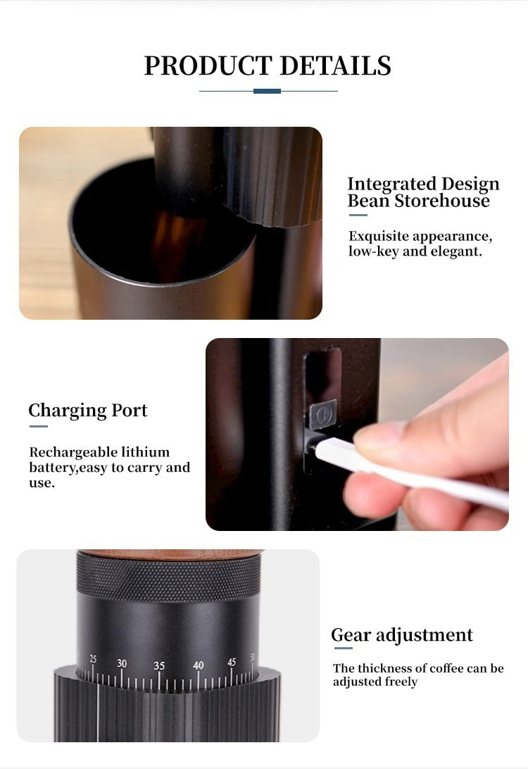 Strailine Electric Coffee Grinder USB Rechargeable, 6-Core Blade, Adjustable Grind