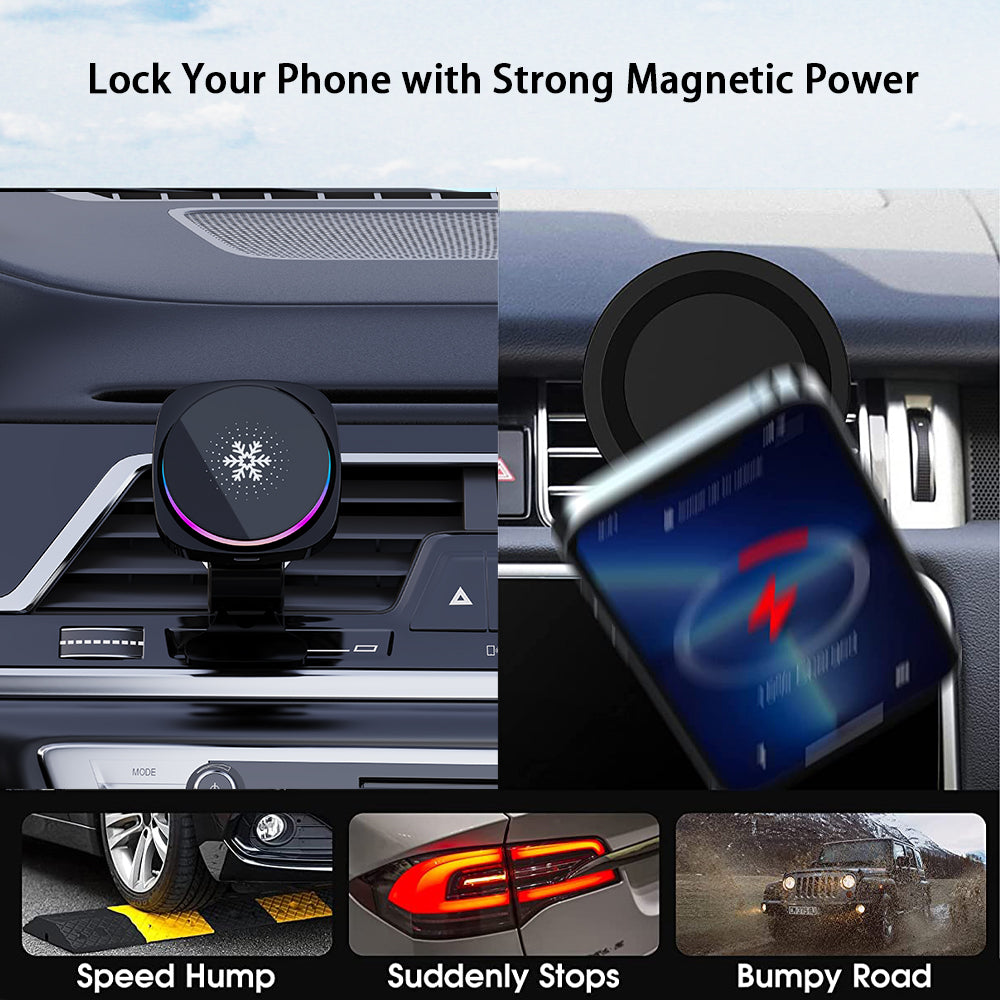 Strailine Magnetic Car Phone Holder,15w Qi Wireless Charging, Cooling Fan, Rgb Light, 360° Adjustable, Auto-Clamp, Strong Suction.