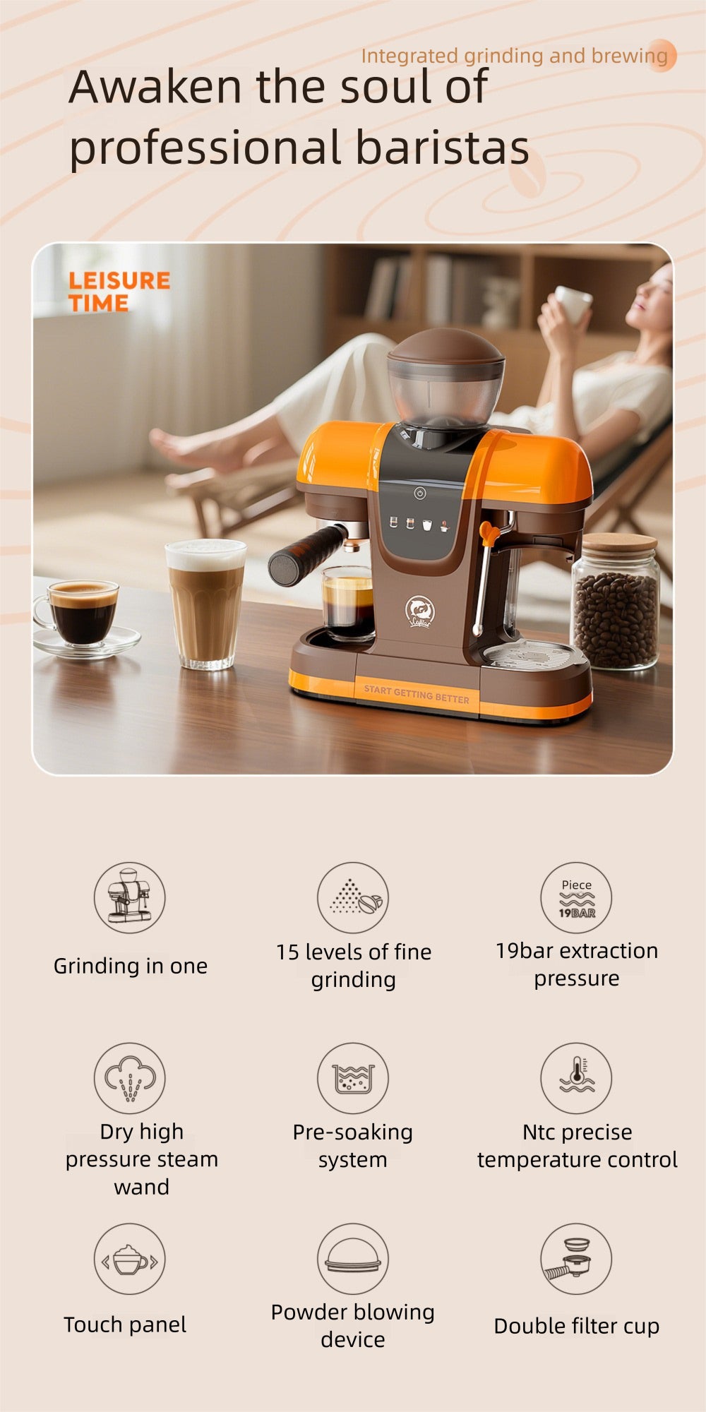 Strailine Espresso Coffee Machine with Grinder & Milk Frother – Semi-Automatic, Compact, Home & Commercial Use
