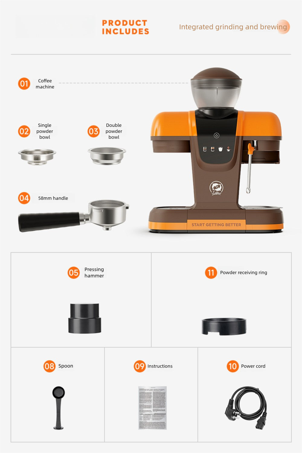 Strailine Espresso Coffee Machine with Grinder & Milk Frother – Semi-Automatic, Compact, Home & Commercial Use