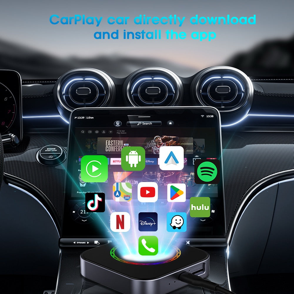 محول Straline CarPlay اللاسلكي 3 في 1، يدعم نتفليكس ويوتيوب وبطاقة TF. متوافق مع سيارات Android Auto.