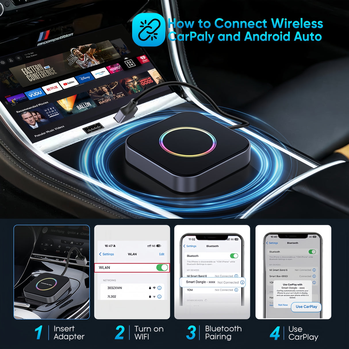 محول Straline CarPlay اللاسلكي 3 في 1، يدعم نتفليكس ويوتيوب وبطاقة TF. متوافق مع سيارات Android Auto.