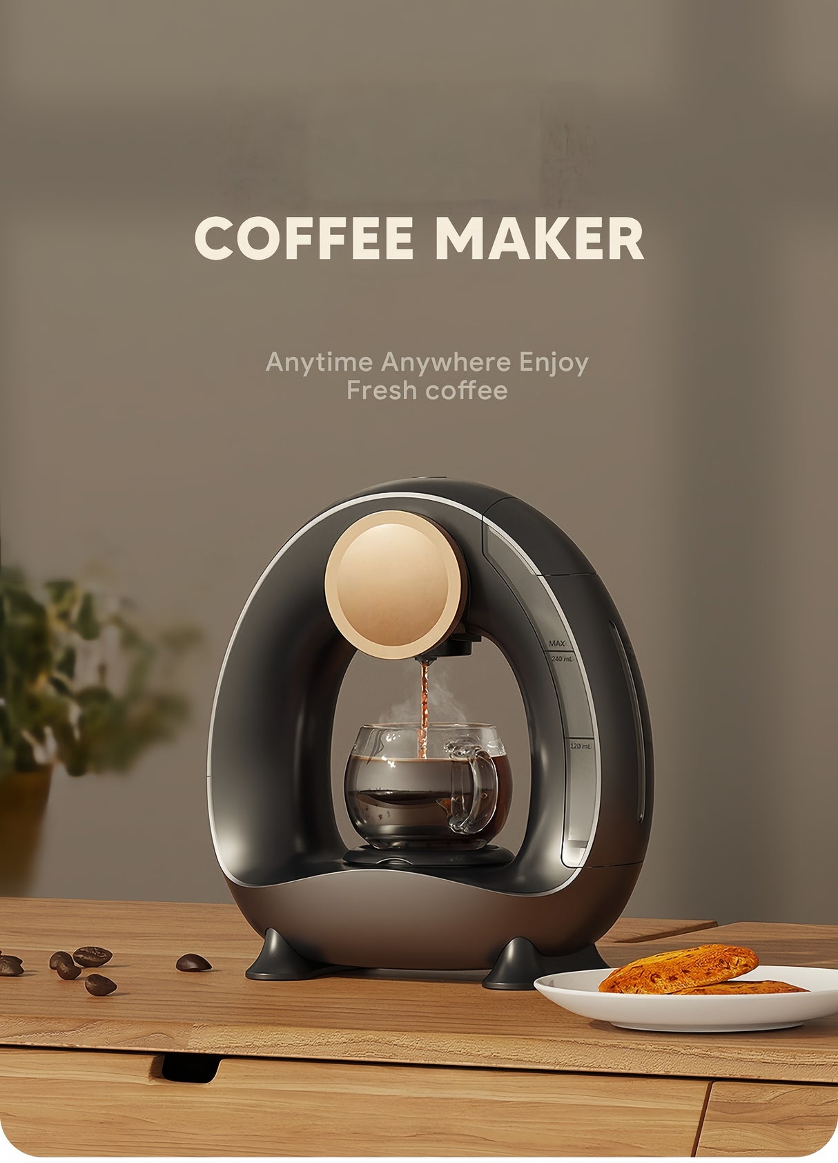 Strailine Noiseless Coffee Maker, 1400W, 240ml Water Tank, Compact One-Cup Coffee Machine with Cup ,Food Grade Material Filter,Drip Espresso, Black